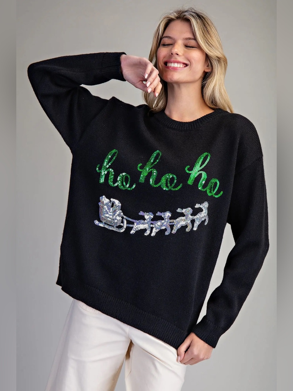 Ee:some Sequin Santa Sleigh Long Sleeve Black Sweater